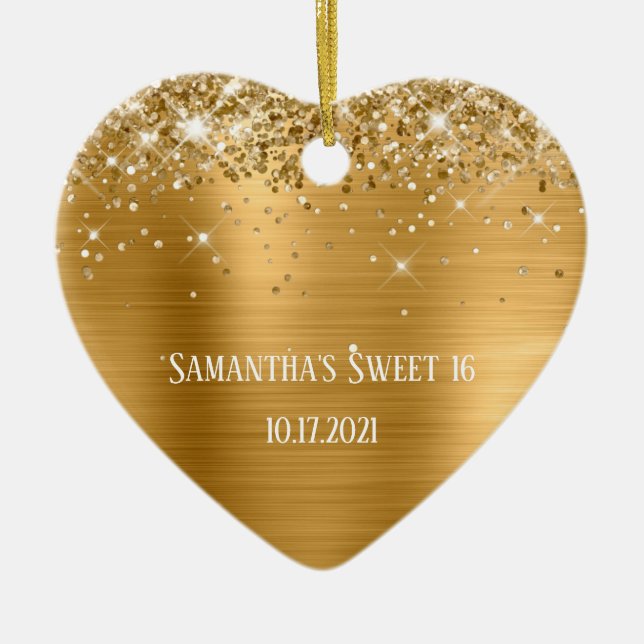 Glittery Gold Foil Personalised Sweet 16 Ceramic Ornament (Front)