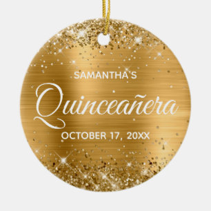 Glittery Gold Foil Quinceañera Ceramic Ornament