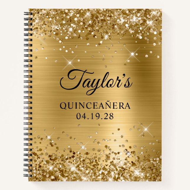 Glittery Gold Foil Quinceanera Guest Notebook (Front)