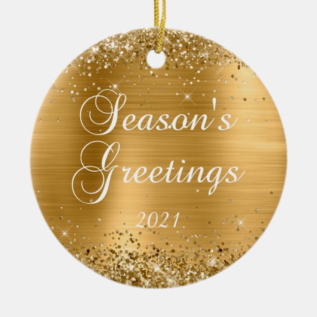 Glittery Gold Foil Season's Greetings Photo Ceramic Ornament (Front)