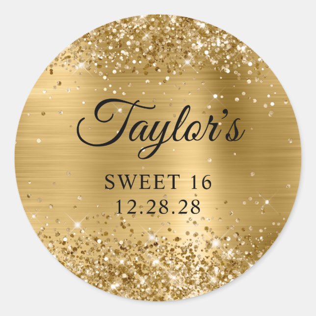 Glittery Gold Foil Sweet 16 Classic Round Sticker (Front)