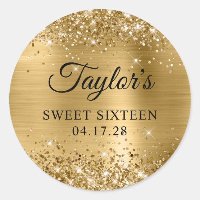 Glittery Gold Foil Sweet Sixteen Birthday Classic Round Sticker (Front)