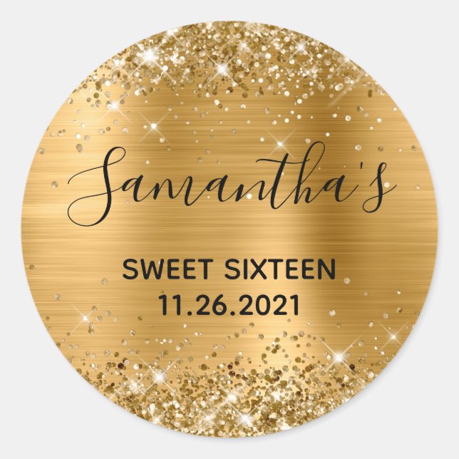 Glittery Gold Foil Sweet Sixteen Classic Round Sticker (Front)