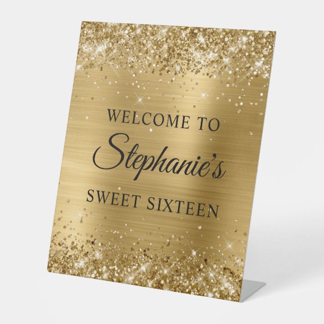 Glittery Gold Foil Sweet Sixteen Welcome Pedestal Sign (Front)