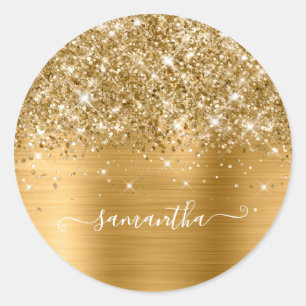 Glittery Gold Girly Signature Calligraphy Classic Round Sticker