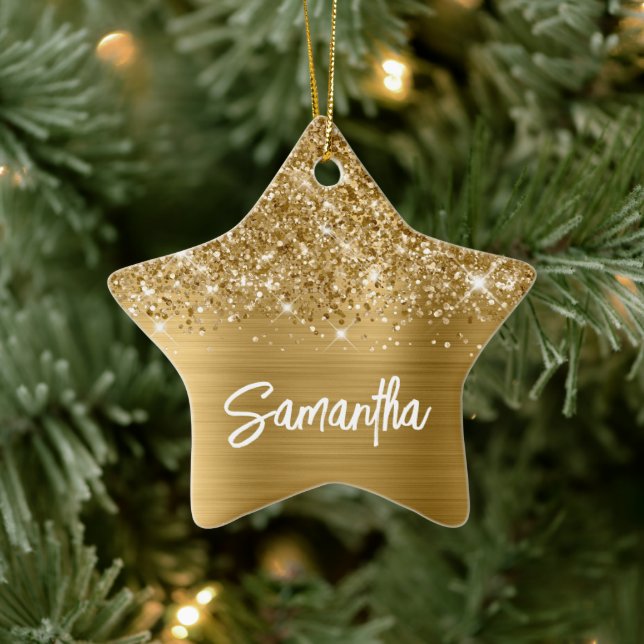 Glittery Gold Glam Brush Script Name Ceramic Ornament (Tree)