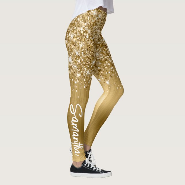 Glittery Gold Glam Brush Script Name Leggings (Right)