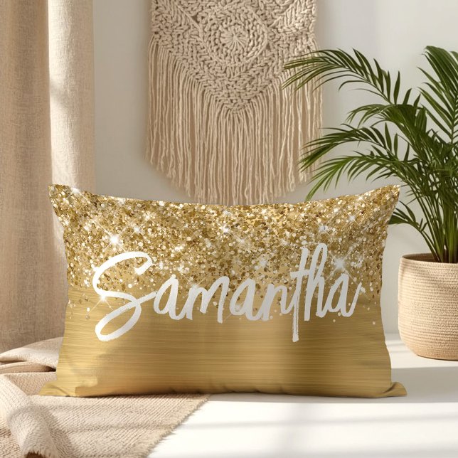 Glittery Gold Glam Brush Script Name Lumbar Cushion (Glittery Gold Glam Brush Script Name Lumbar Pillow)