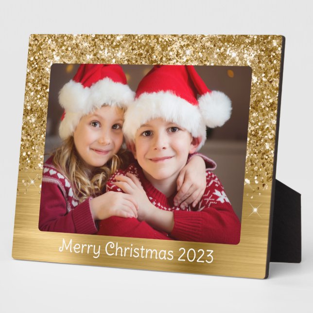 Glittery Gold Glam Christmas Family Photo Plaque (Side)