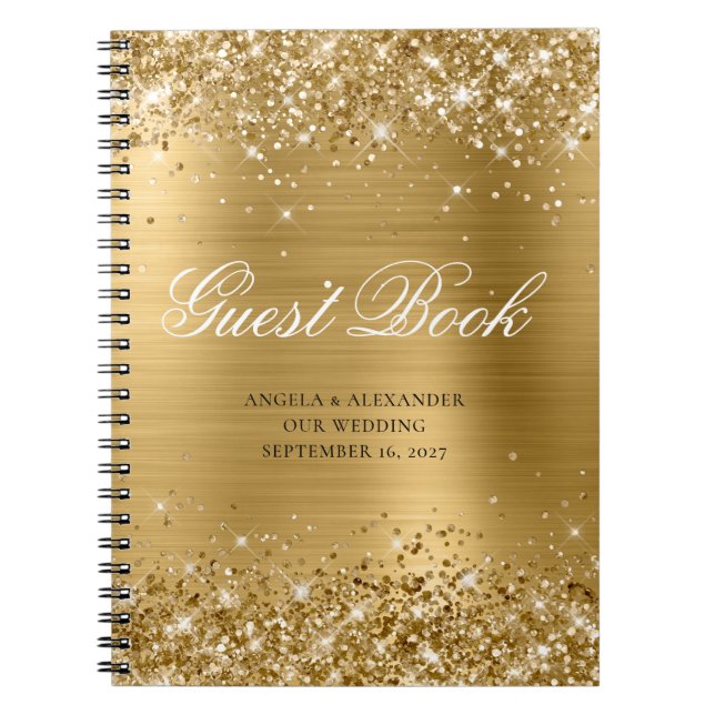 Glittery Gold Glam Classic Script Guestbook Notebook (Front)