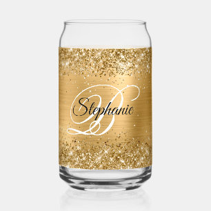 Glittery Gold Glam Fancy Monogram Can Glass