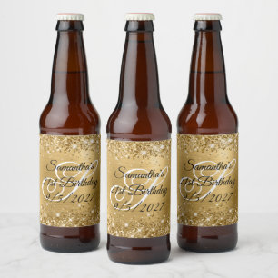Glittery Gold Glam Monogram 21st Birthday Beer Bottle Label