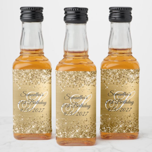 Glittery Gold Glam Monogrammed 21st Birthday Liquor Bottle Label (Bottles)