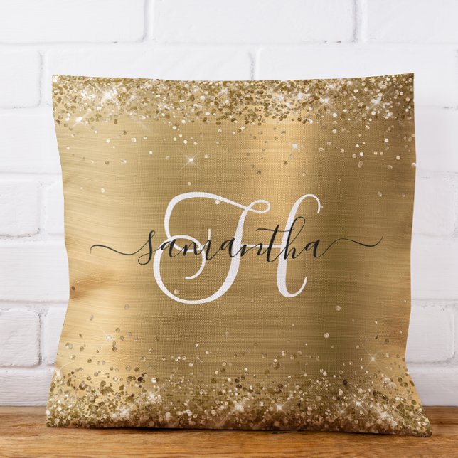 Glittery Gold Glam Monogrammed Cushion (Glittery Gold Glam Monogrammed Throw Pillow)
