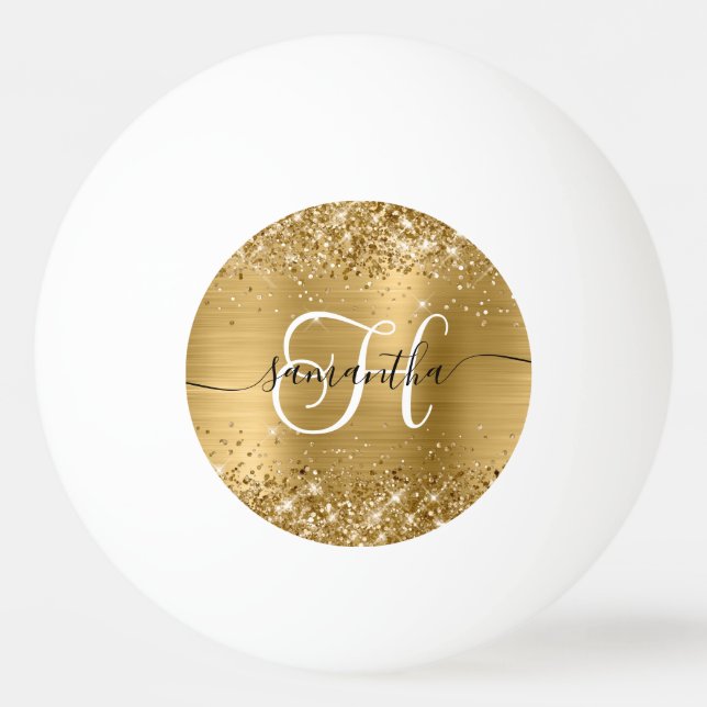Glittery Gold Glam Monogrammed Ping Pong Ball (Front)