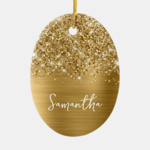 Glittery Gold Glam Name Oval Photo Ceramic Ornament