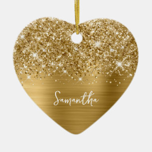 Glittery Gold Glam Name Photo Ceramic Ornament