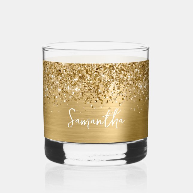 Glittery Gold Glam Name Whiskey Glass (Front)
