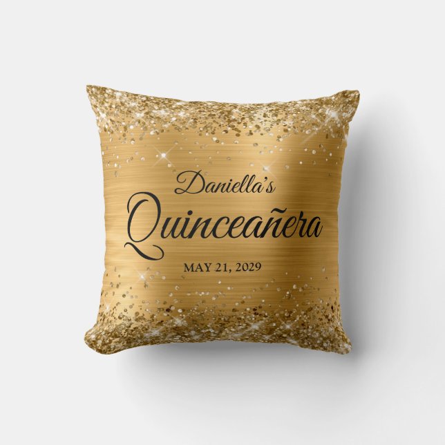 Glittery Gold Glam Quinceanera Photo Cushion (Front)