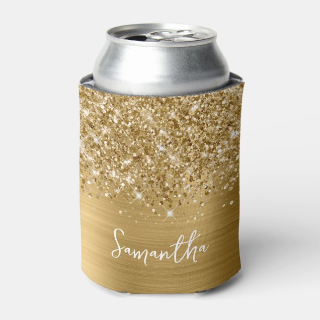 Glittery Gold Glam Script Name Can Cooler (Can Front)