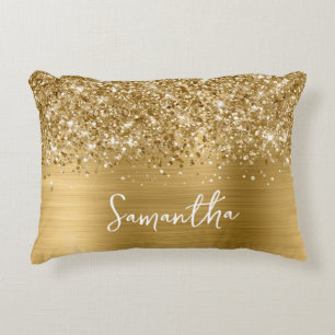 Glittery Gold Glam Script Name Decorative Cushion