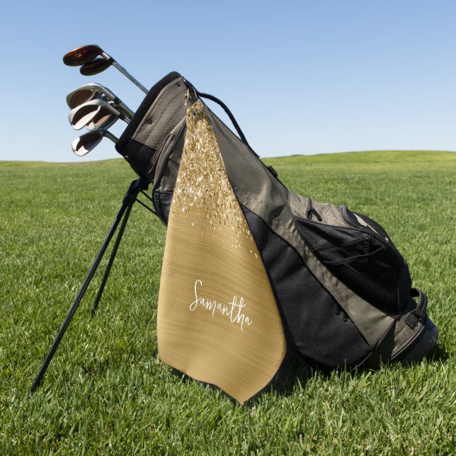 Glittery Gold Glam Script Name Golf Towel (Green)
