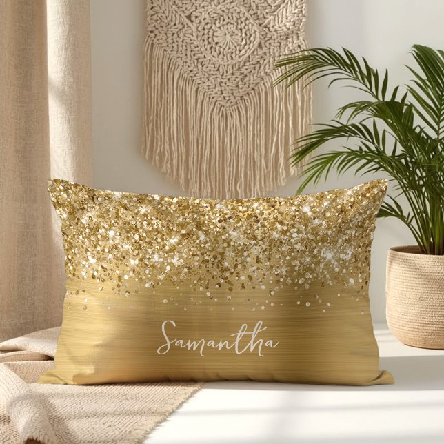 Glittery Gold Glam Script Name Lumbar Cushion (Glittery Gold Glam Script Name Lumbar Pillow)