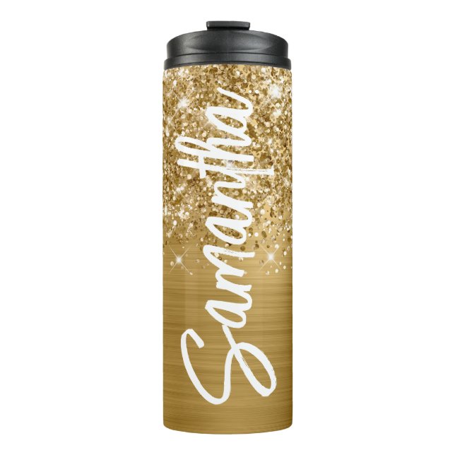 Glittery Gold Glam Vertical Name Personalised Thermal Tumbler (Front)