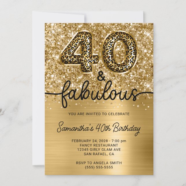 Glittery Gold Leopard 40 and Fabulous Invitation (Front)