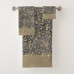Glittery Gold Leopard  Print on Glossy Grey     Bath Towel Set
