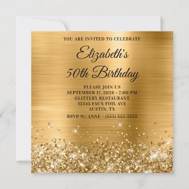 Glittery Gold Metallic 50th Birthday Invitation (Front)