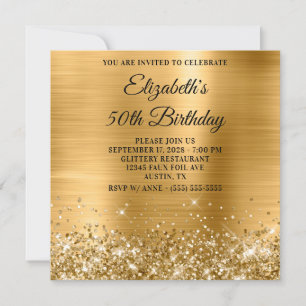 Glittery Gold Metallic 50th Birthday Invitation