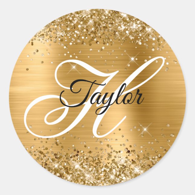Glittery Gold Metallic Fancy Monogram Classic Round Sticker (Front)