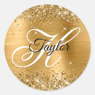 Glittery Gold Metallic Fancy Monogram Classic Round Sticker