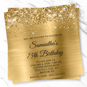 Glittery Gold Metallic Look 75th Birthday Invitation