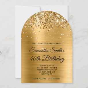 Glittery Gold Metallic Monogram 40th Birthday Invitation