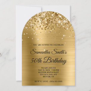 Glittery Gold Metallic Monogram 50th Birthday Invitation