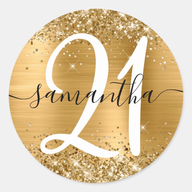 Glittery Gold Metallic Personalised 21 Classic Round Sticker (Front)