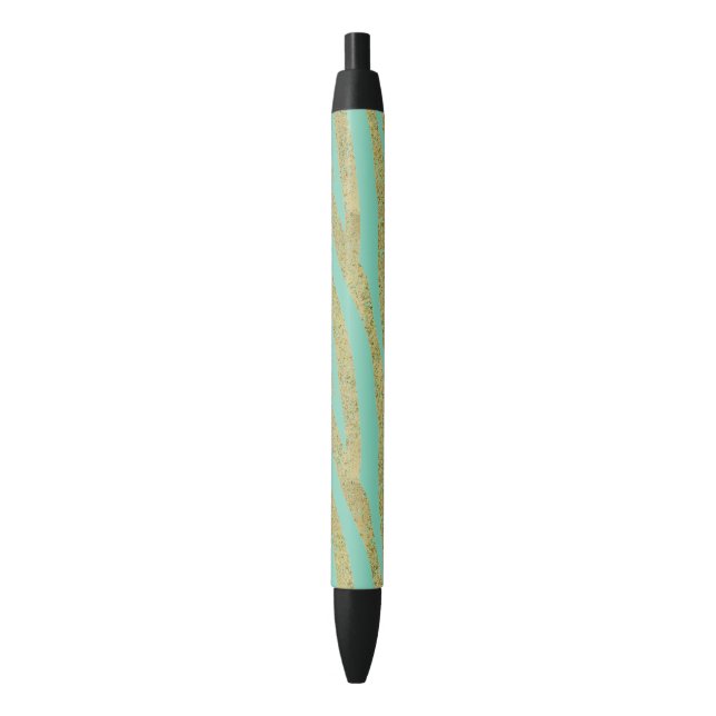 Glittery Gold Mint Zebra Stripes Black Ink Pen (Front Vertical)