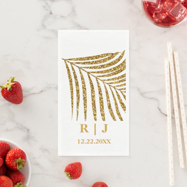Glittery Gold Palm Leaf Monogram Name Wedding Napkin (Insitu)