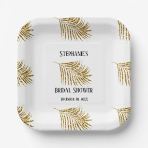 Glittery Gold Palm Tree Leaf Wedding Bridal Shower Paper Plate