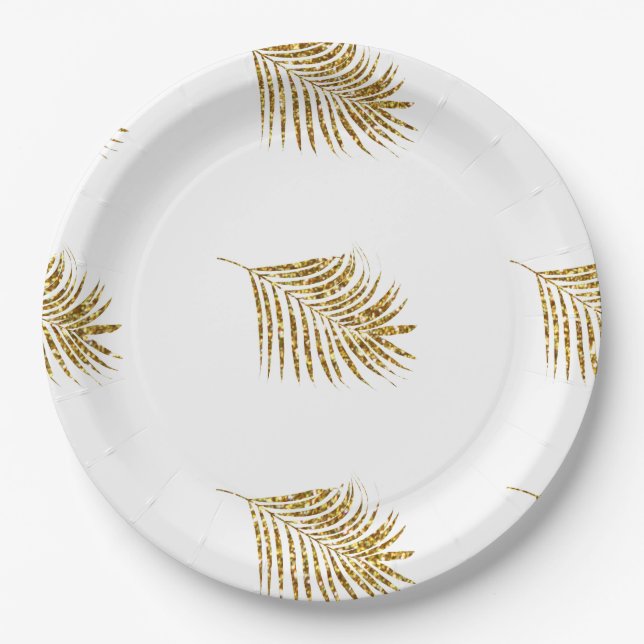 Glittery Gold Palms Tropical Weddings Celebrations Paper Plate (Front)
