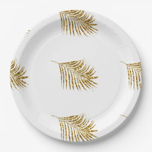 Glittery Gold Palms Tropical Weddings Leaf Pattern Paper Plate