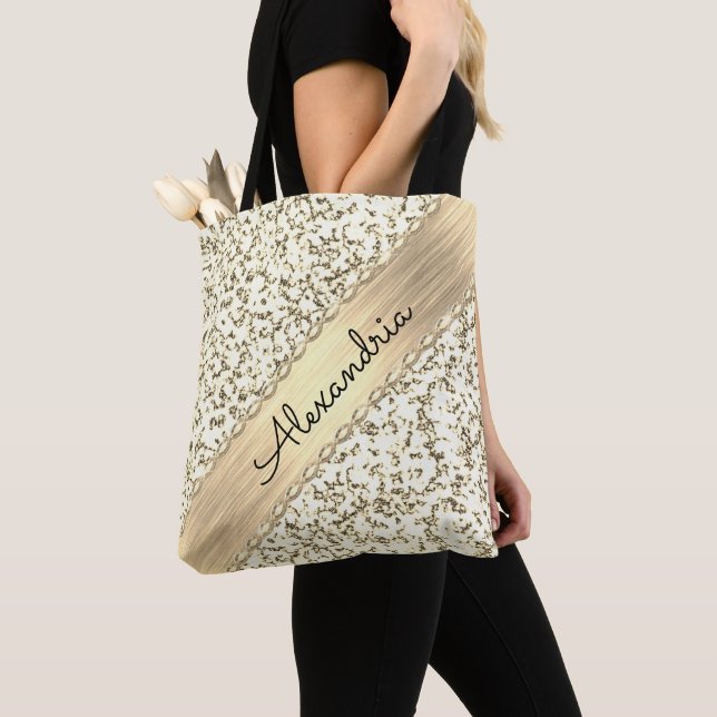Glittery  Gold Personalized Marble Tote Bag (Close Up)