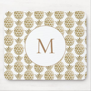 Glittery Gold Pineapple Pattern White Monogram Mouse Pad