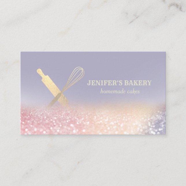 Glittery gold rolling pin whisk chef bakery business card (Front)