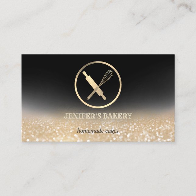 Glittery gold rolling pin whisk chef bakery business card (Front)