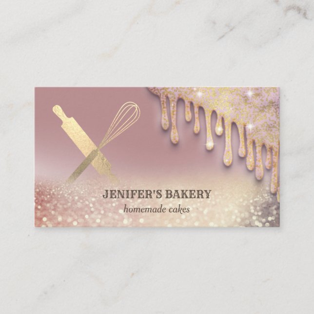 Glittery gold rolling pin whisk chef bakery business card (Front)
