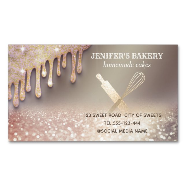 Glittery gold rolling pin whisk chef bakery 	Magnetic business card (Front)