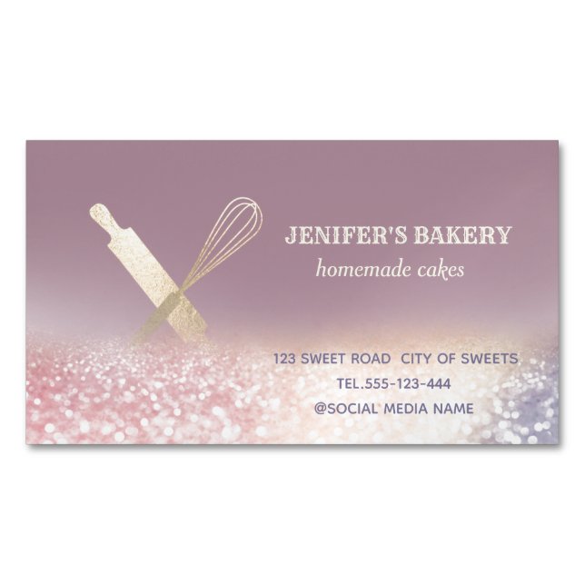 Glittery gold rolling pin whisk chef bakery 	Magnetic business card (Front)